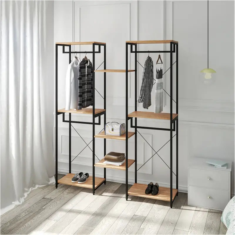 BukkitBow - Grote Kledingkast/ Garderobe Kast - Dubbele Rekken - Inclusief Kledinghaken en Opbergplanken - 165X205X40CM - Zwart met Licht Eikenhout