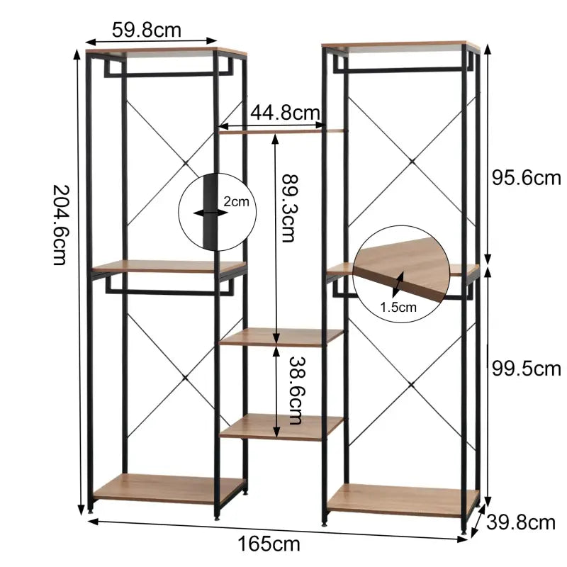 BukkitBow - Grote Kledingkast/ Garderobe Kast - Dubbele Rekken - Inclusief Kledinghaken en Opbergplanken - 165X205X40CM - Zwart met Licht Eikenhout