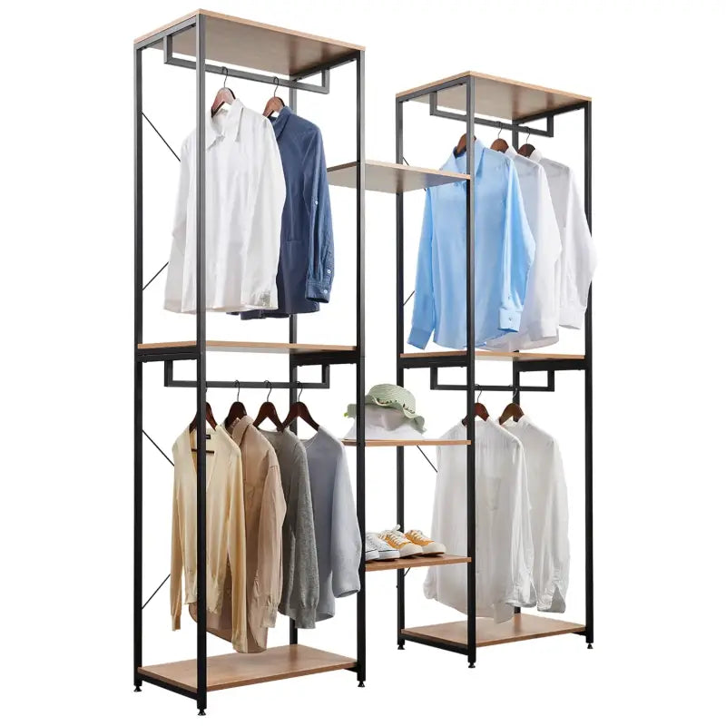 BukkitBow - Grote Kledingkast/ Garderobe Kast - Dubbele Rekken - Inclusief Kledinghaken en Opbergplanken - 165X205X40CM - Zwart met Licht Eikenhout