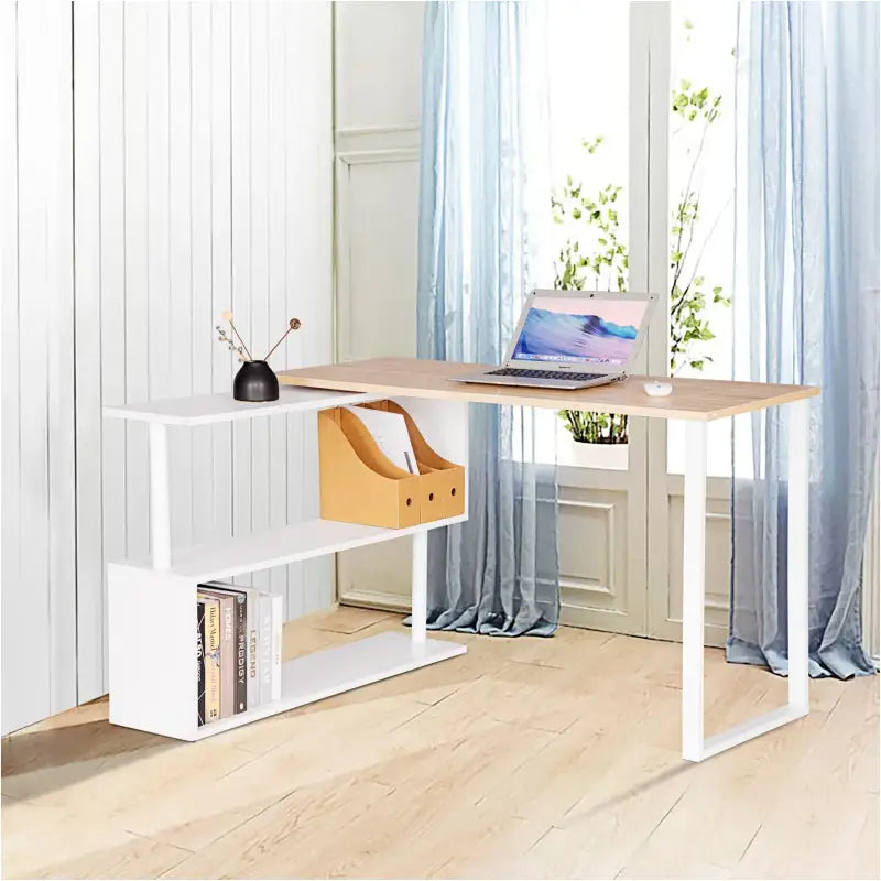 BukkitBow - Hoekbureau - Houten Bureau met Dubbele Planken voor Opbergruimte - Opbergruimte 180 Graden Draaibaar - Perfect voor Thuistudie