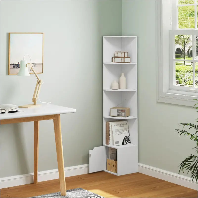 BukkitBow - Hoekplanken – Hoek Boekenkast – Met Deurtje en 5 Niveaus - Gemaakt van Duurzaam Houtmateriaal - Wit