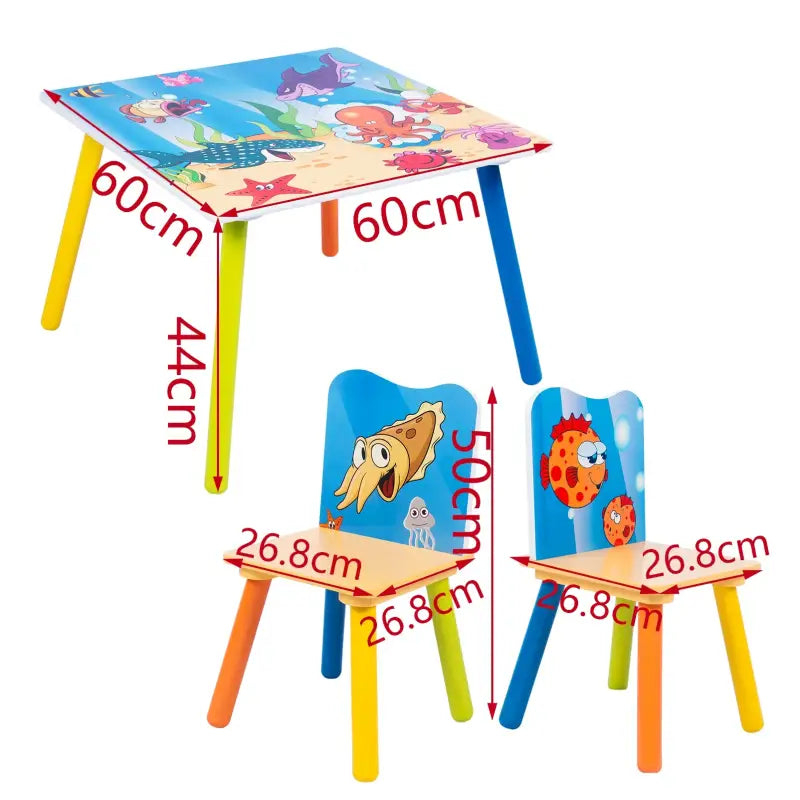 BukkitBow - Houten Kindertafel / Kinderbureau - met Visprint - Inclusief 2 Stoelen (60X60CM)