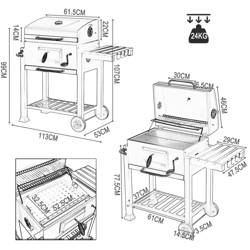 BukkitBow - Houtskoolbarbecue van Staal - met 2 Grillroosters - 113x45.5x100 cm - Verplaatsbaar