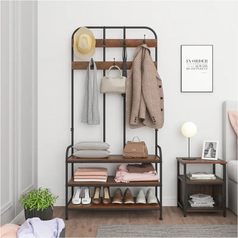 BukkitBow - Industriële Kapstok Met Schoenenrek - 7 Haken voor Jassen / Sjaals en Hoeden – Garderobe Organizer - 84X180X36CM
