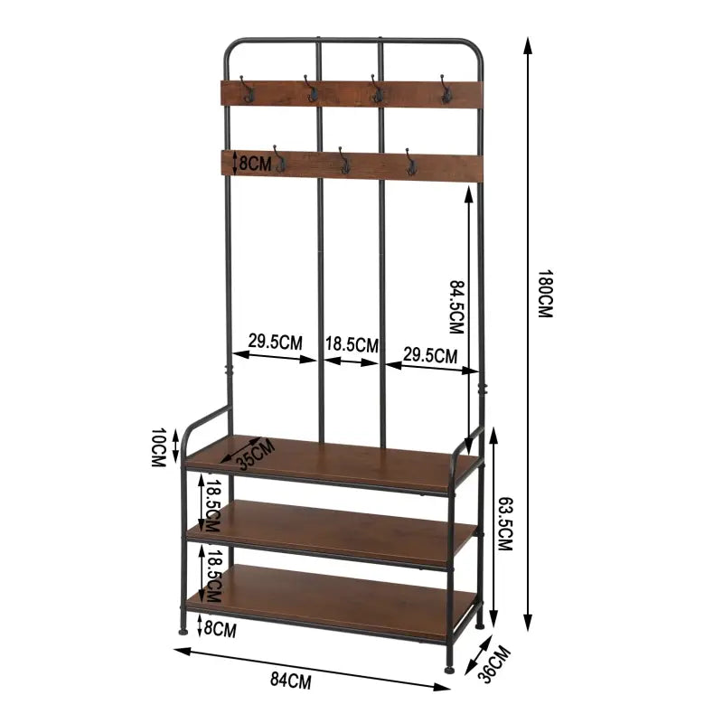 BukkitBow - Industriële Kapstok Met Schoenenrek - 7 Haken voor Jassen / Sjaals en Hoeden – Garderobe Organizer - 84X180X36CM
