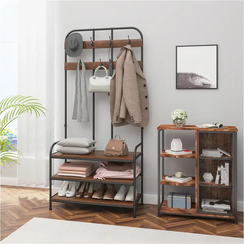 BukkitBow - Industriële Kapstok Met Schoenenrek - 7 Haken voor Jassen / Sjaals en Hoeden – Garderobe Organizer - 84X180X36CM