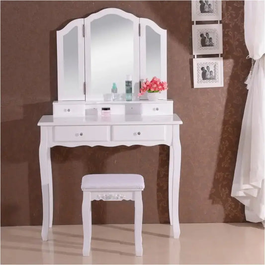 BukkitBow - Kaptafel / Cosmetische Tafel met 3-Delige Spiegel en met 4 Lades - Kaptafel / Make-up Tafel - (90x145x40cm) Inclusief Kruk