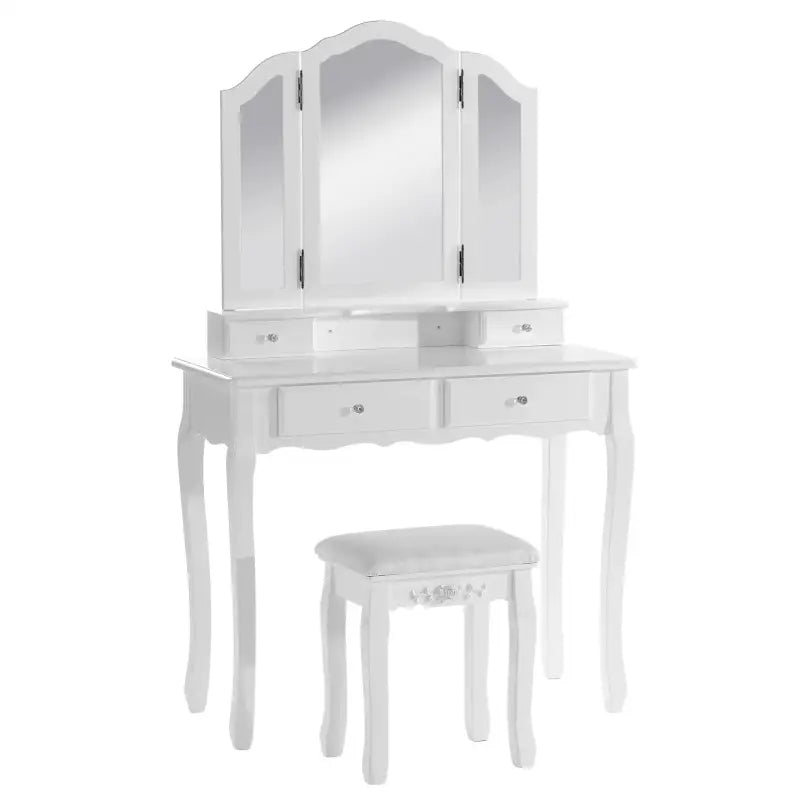 BukkitBow - Kaptafel / Cosmetische Tafel met 3-Delige Spiegel en met 4 Lades - Kaptafel / Make-up Tafel - (90x145x40cm) Inclusief Kruk