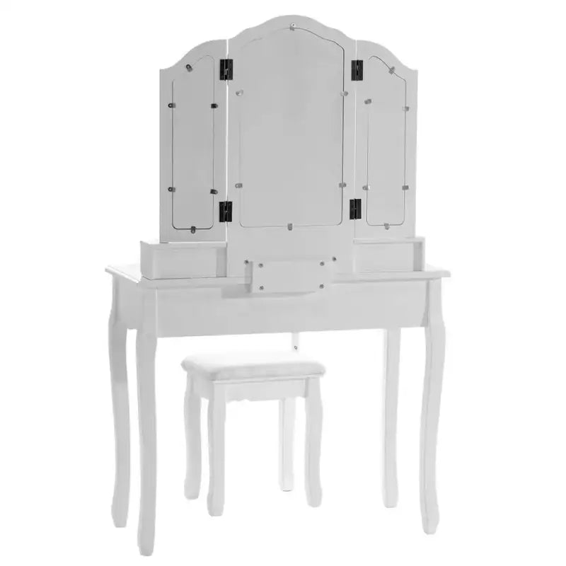 BukkitBow - Kaptafel / Cosmetische Tafel met 3-Delige Spiegel en met 4 Lades - Kaptafel / Make-up Tafel - (90x145x40cm) Inclusief Kruk