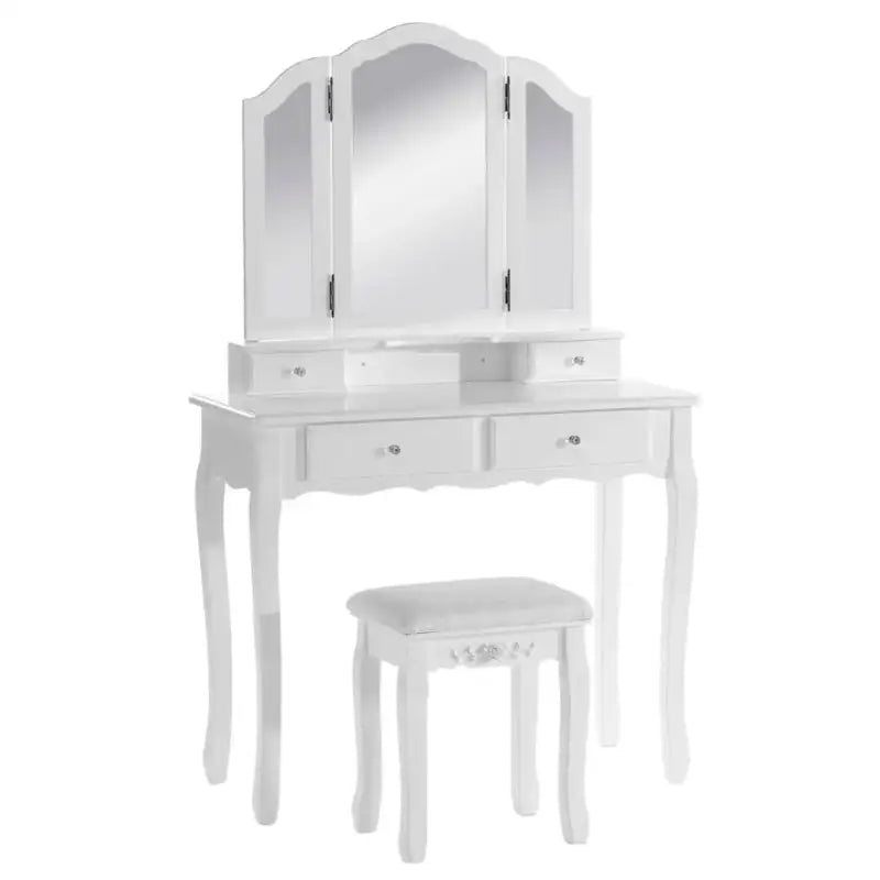 BukkitBow - Kaptafel / Cosmetische Tafel met 3-Delige Spiegel en met 4 Lades - Kaptafel / Make-up Tafel - (90x145x40cm) Inclusief Kruk