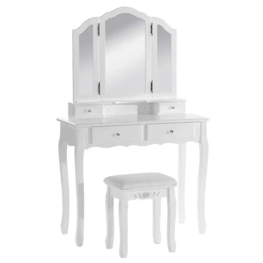 BukkitBow - Kaptafel / Cosmetische Tafel met 3-Delige Spiegel en met 4 Lades - Kaptafel / Make-up Tafel - (90x145x40cm) Inclusief Kruk