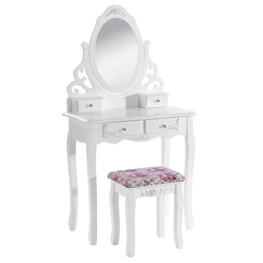 BukkitBow - Kaptafel / Cosmetische Tafel met Spiegel met 4 Lades - Kaptafel / Make-up Tafel - (75x139x40cm) Inclusief Kruk