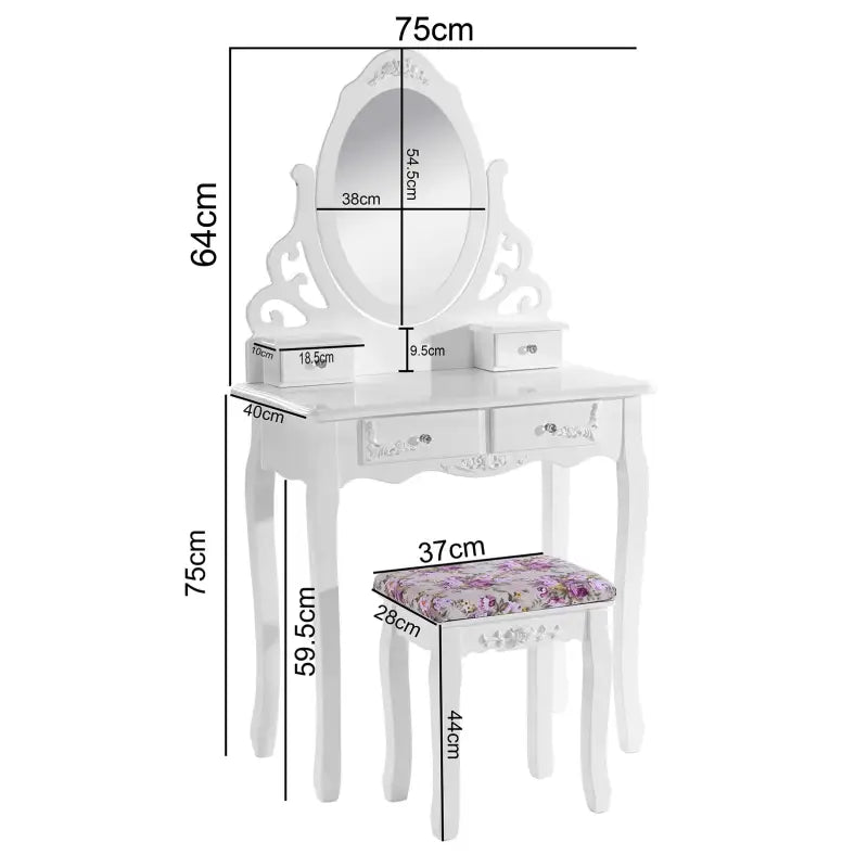 BukkitBow - Kaptafel / Cosmetische Tafel met Spiegel met 4 Lades - Kaptafel / Make-up Tafel - (75x139x40cm) Inclusief Kruk