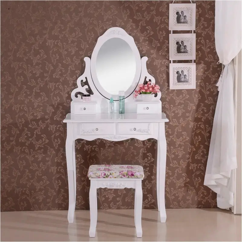 BukkitBow - Kaptafel / Cosmetische Tafel met Spiegel met 4 Lades - Kaptafel / Make-up Tafel - (75x139x40cm) Inclusief Kruk