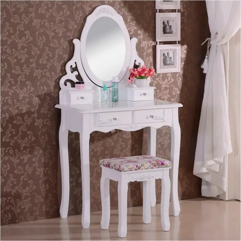 BukkitBow - Kaptafel / Cosmetische Tafel met Spiegel met 4 Lades - Kaptafel / Make-up Tafel - (75x139x40cm) Inclusief Kruk