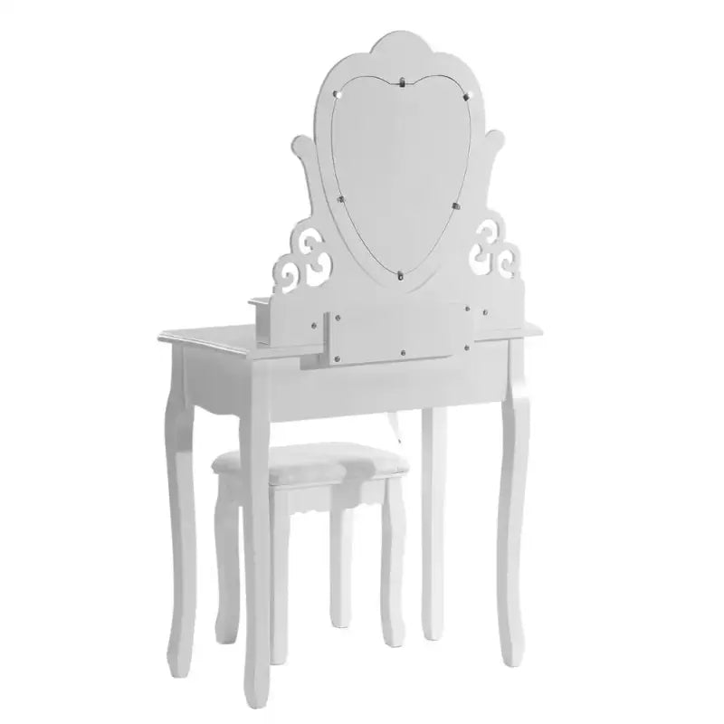 BukkitBow - Kaptafel / Make-up Tafel met Kruk en Hart Spiegel – Tafel met 2 Grote en 2 Kleine Laden - Inclusief Stoel / Kruk - 140X75X40CM