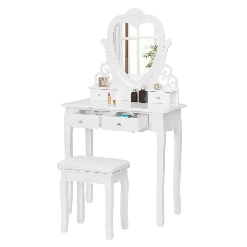 BukkitBow - Kaptafel / Make-up Tafel met Kruk en Hart Spiegel – Tafel met 2 Grote en 2 Kleine Laden - Inclusief Stoel / Kruk - 140X75X40CM