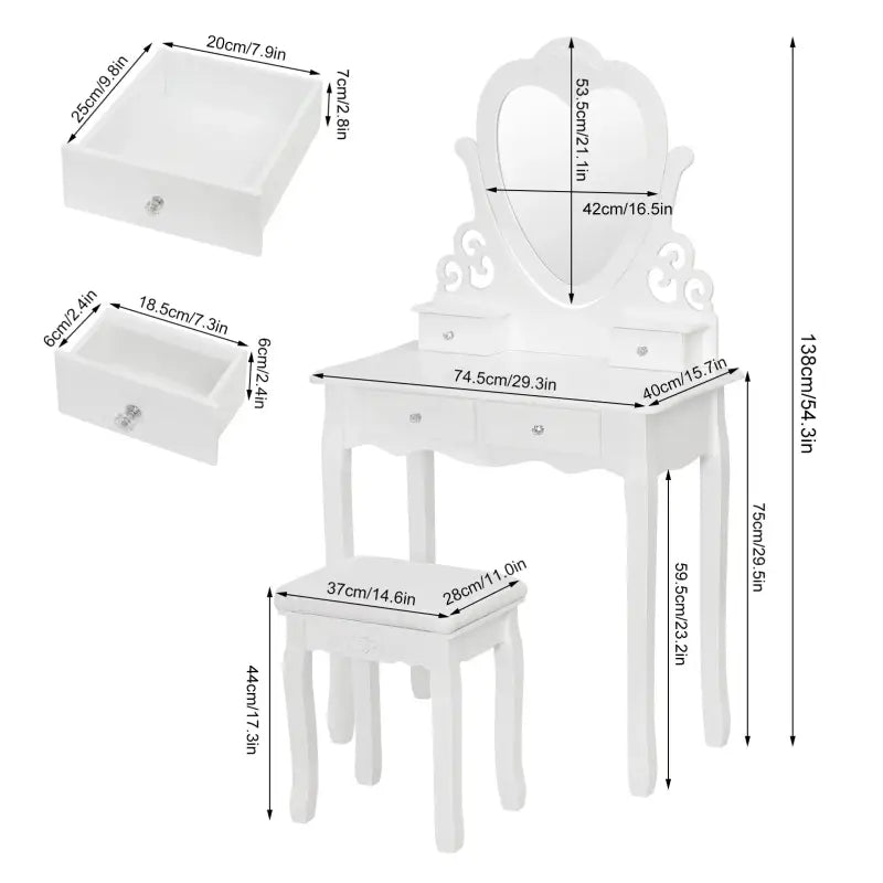 BukkitBow - Kaptafel / Make-up Tafel met Kruk en Hart Spiegel – Tafel met 2 Grote en 2 Kleine Laden - Inclusief Stoel / Kruk - 140X75X40CM