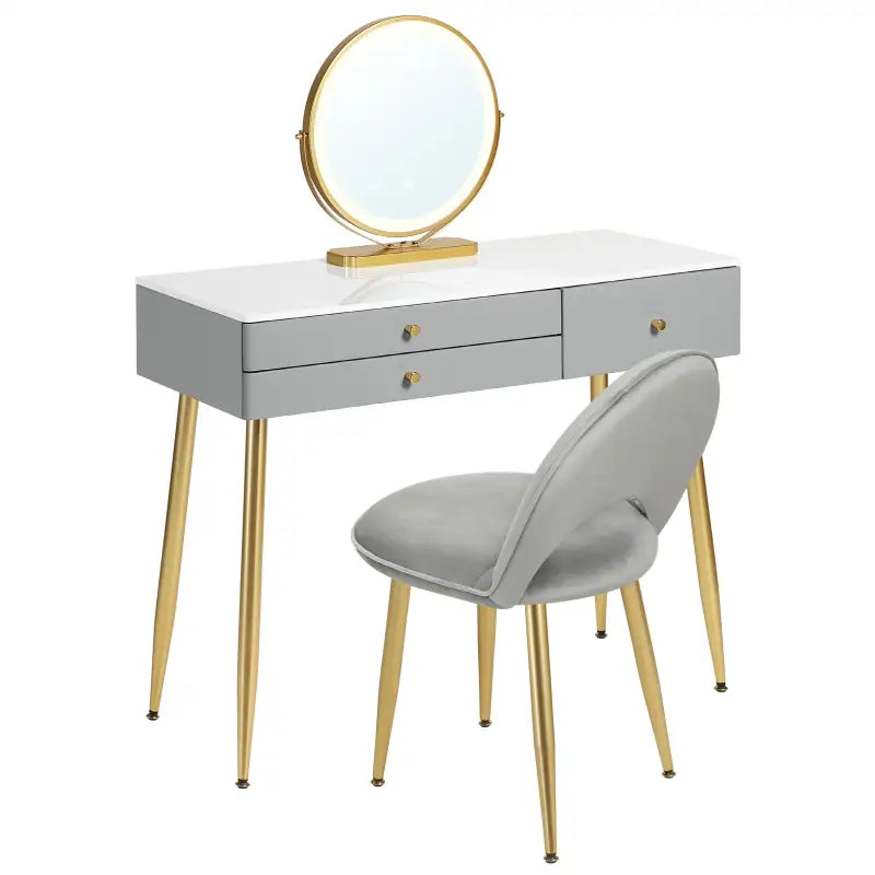 BukkitBow - Kaptafel / Make-up Tafel met LED Verlichting – Tafel met 3 Grote laden - Met Ronde LED Spiegel – Inclusief Stoel / Kruk - 100X80X40CM