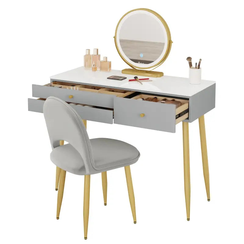 BukkitBow - Kaptafel / Make-up Tafel met LED Verlichting – Tafel met 3 Grote laden - Met Ronde LED Spiegel – Inclusief Stoel / Kruk - 100X80X40CM