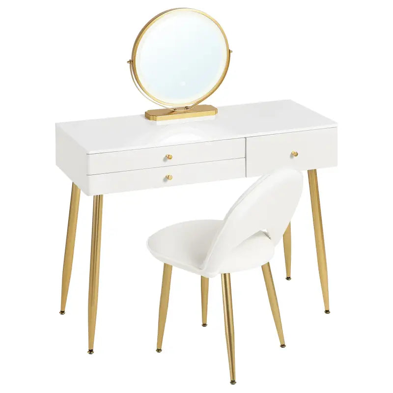 BukkitBow - Kaptafel / Make-up Tafel met LED Verlichting – Tafel met 3 Grote laden - Met Ronde LED Spiegel – Inclusief Stoel / Kruk - 100X80X40CM