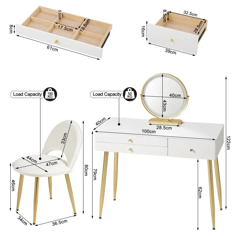BukkitBow - Kaptafel / Make-up Tafel met LED Verlichting – Tafel met 3 Grote laden - Met Ronde LED Spiegel – Inclusief Stoel / Kruk - 100X80X40CM