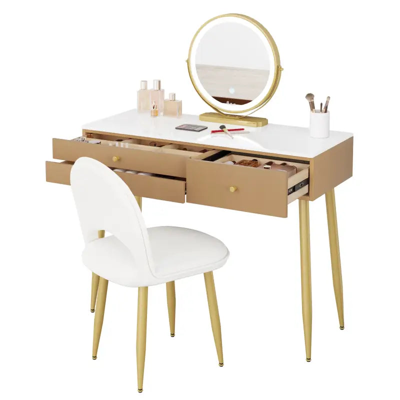 BukkitBow - Kaptafel / Make-up Tafel met LED Verlichting – Tafel met 3 Grote laden - Met Ronde LED Spiegel – Inclusief Stoel / Kruk - 100X80X40CM