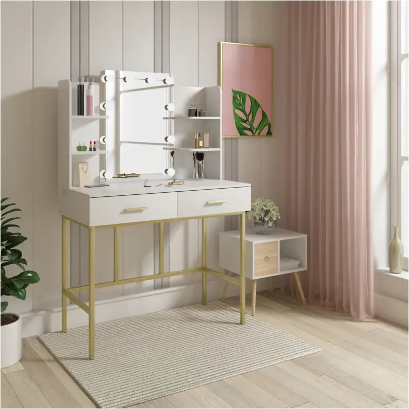 BukkitBow - Kaptafel / Makeuptafel met Spiegel en LED Lampen (90X75X45CM)