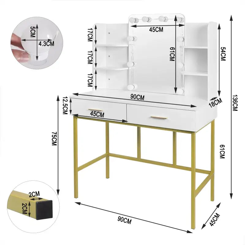 BukkitBow - Kaptafel / Makeuptafel met Spiegel en LED Lampen (90X75X45CM)