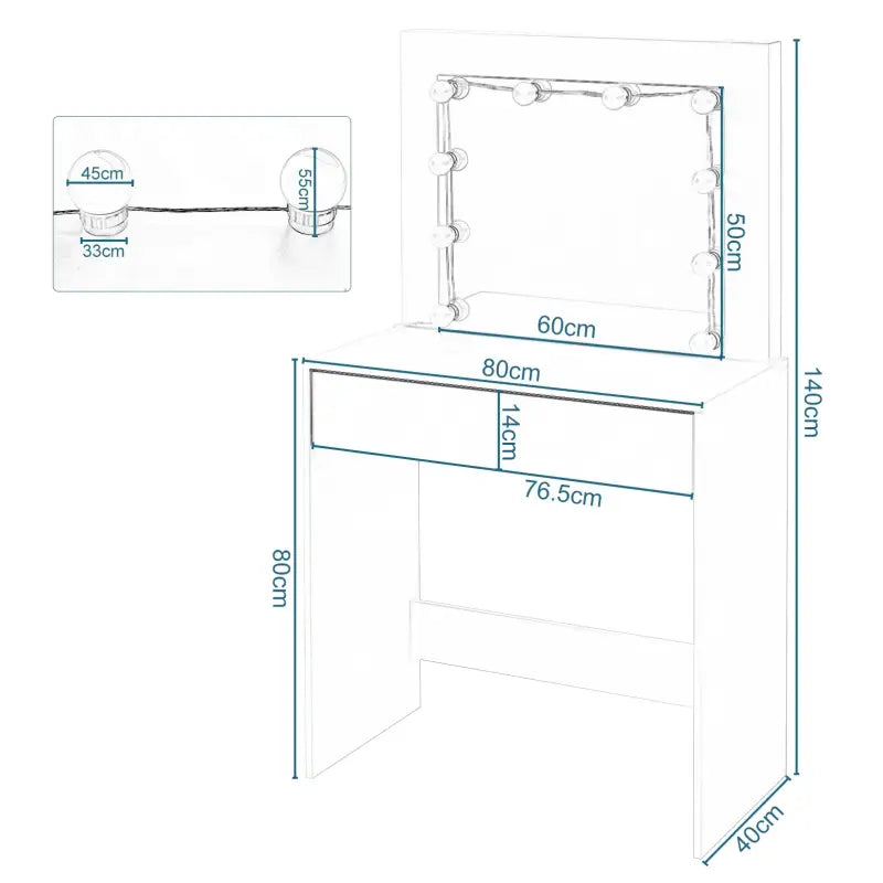 BukkitBow - Kaptafel met Grote Spiegel en LED Verlichting - MDF Vezelplaat E1 - Ruime Opslag - 80x40x140cm