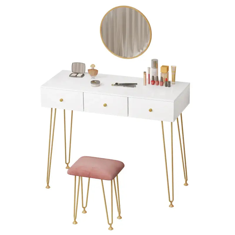 BukkitBow - Kaptafel met Krukje en Spiegel - Met Gouden Poten - 100x40x80cm