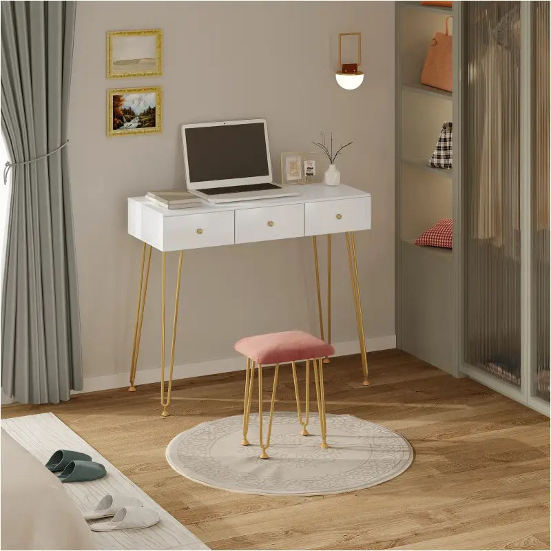 BukkitBow - Kaptafel met Krukje en Spiegel - Met Gouden Poten - 100x40x80cm
