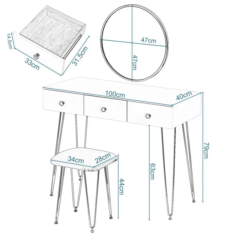 BukkitBow - Kaptafel met Krukje en Spiegel - Met Gouden Poten - 100x40x80cm