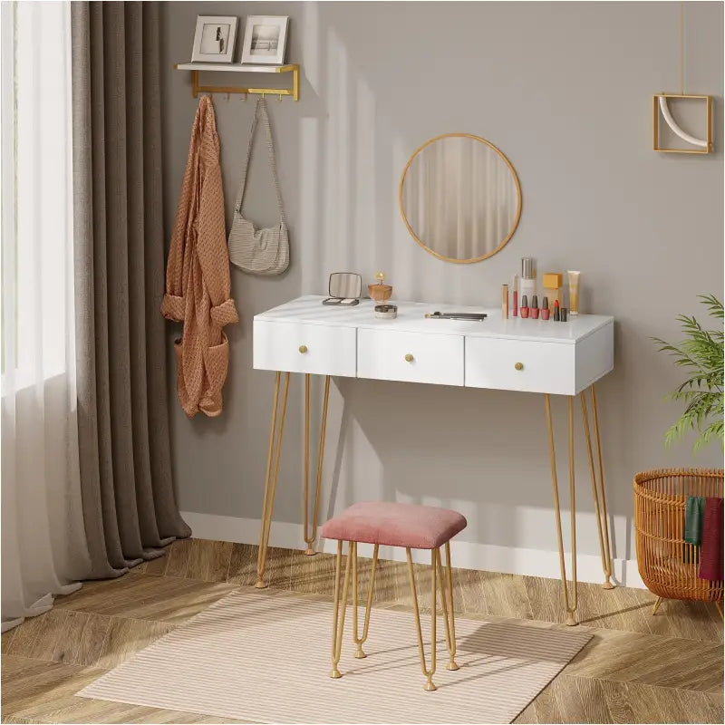 BukkitBow - Kaptafel met Krukje en Spiegel - Met Gouden Poten - 100x40x80cm