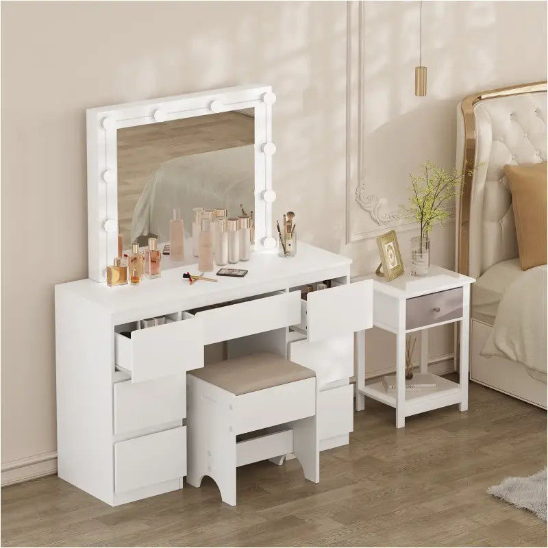 BukkitBow - Kaptafel met Spiegel en LED-Verlichting - Stevig Houtmateriaal - 7 Lades - 110x140,5x39,5cm