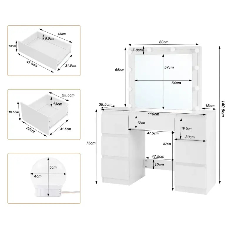 BukkitBow - Kaptafel met Spiegel en LED-Verlichting - Stevig Houtmateriaal - 7 Lades - 110x140,5x39,5cm