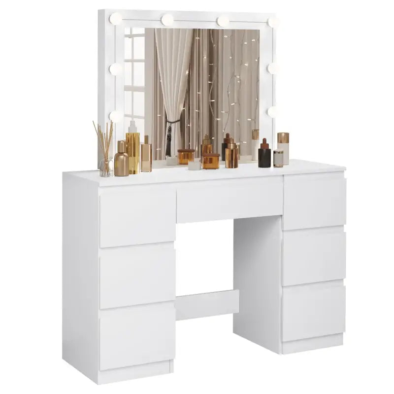 BukkitBow - Kaptafel met Spiegel en LED-Verlichting - Stevig Houtmateriaal - 7 Lades - 110x140,5x39,5cm