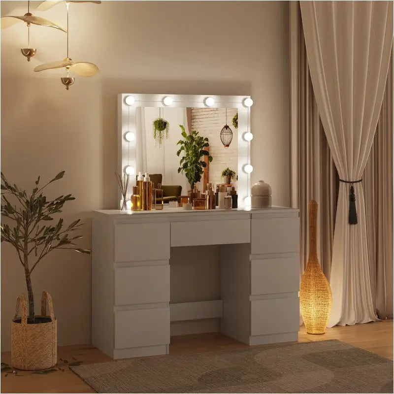 BukkitBow - Kaptafel met Spiegel en LED-Verlichting - Stevig Houtmateriaal - 7 Lades - 110x140,5x39,5cm