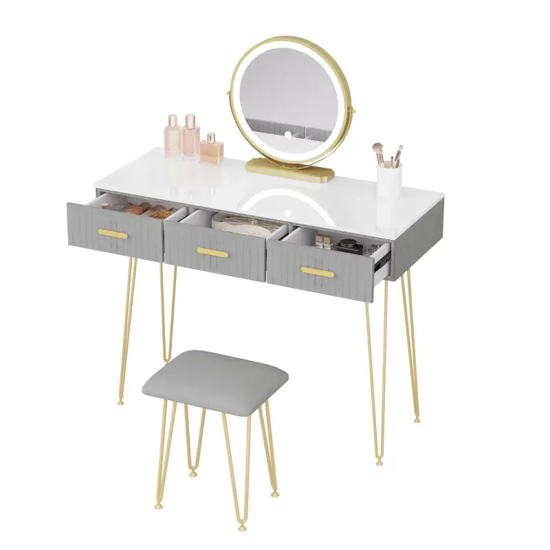 BukkitBow - Kaptafel Set met LED Spiegel en Kruk - Stevig Hout met Fluweel - Goude Details - 100x121.5x40cm