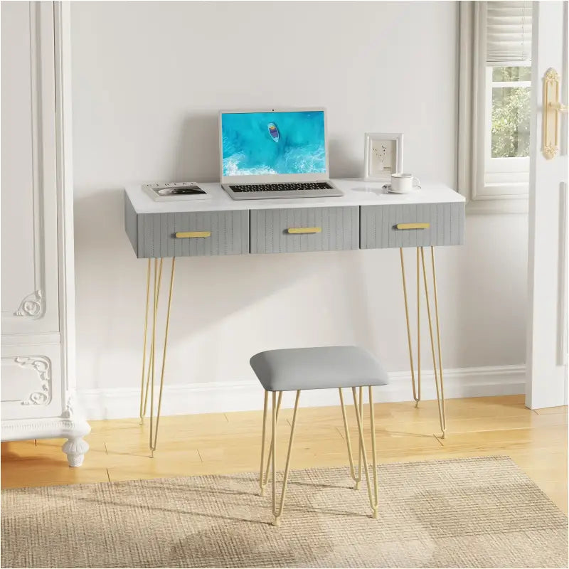 BukkitBow - Kaptafel Set met LED Spiegel en Kruk - Stevig Hout met Fluweel - Goude Details - 100x121.5x40cm