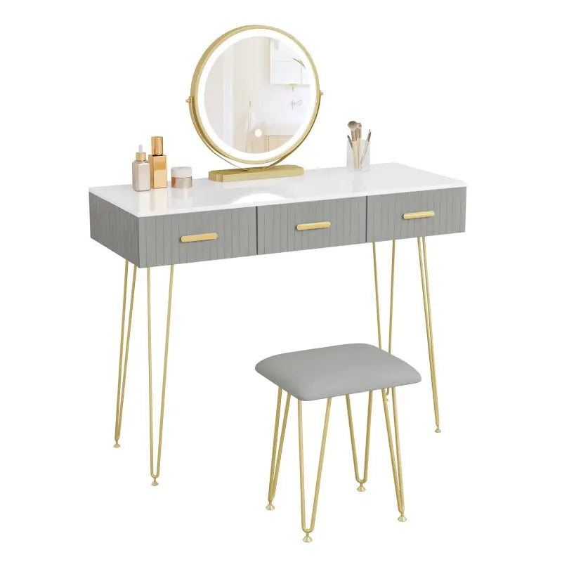BukkitBow - Kaptafel Set met LED Spiegel en Kruk - Stevig Hout met Fluweel - Goude Details - 100x121.5x40cm