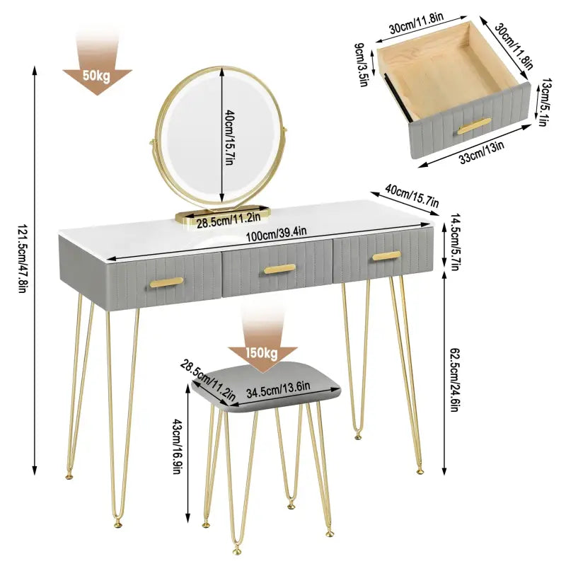 BukkitBow - Kaptafel Set met LED Spiegel en Kruk - Stevig Hout met Fluweel - Goude Details - 100x121.5x40cm