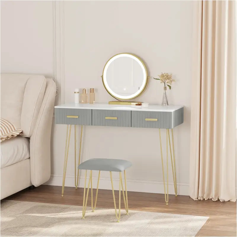 BukkitBow - Kaptafel Set met LED Spiegel en Kruk - Stevig Hout met Fluweel - Goude Details - 100x121.5x40cm