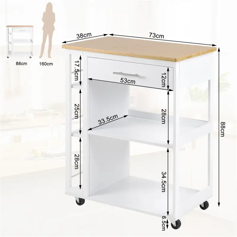 BukkitBow - Keuken Trolley Met Werkblad - Keukentrolley op Wieltjes – Met Lade en Open Planken - Mobiele Kruideniers Kast / Opbergrek