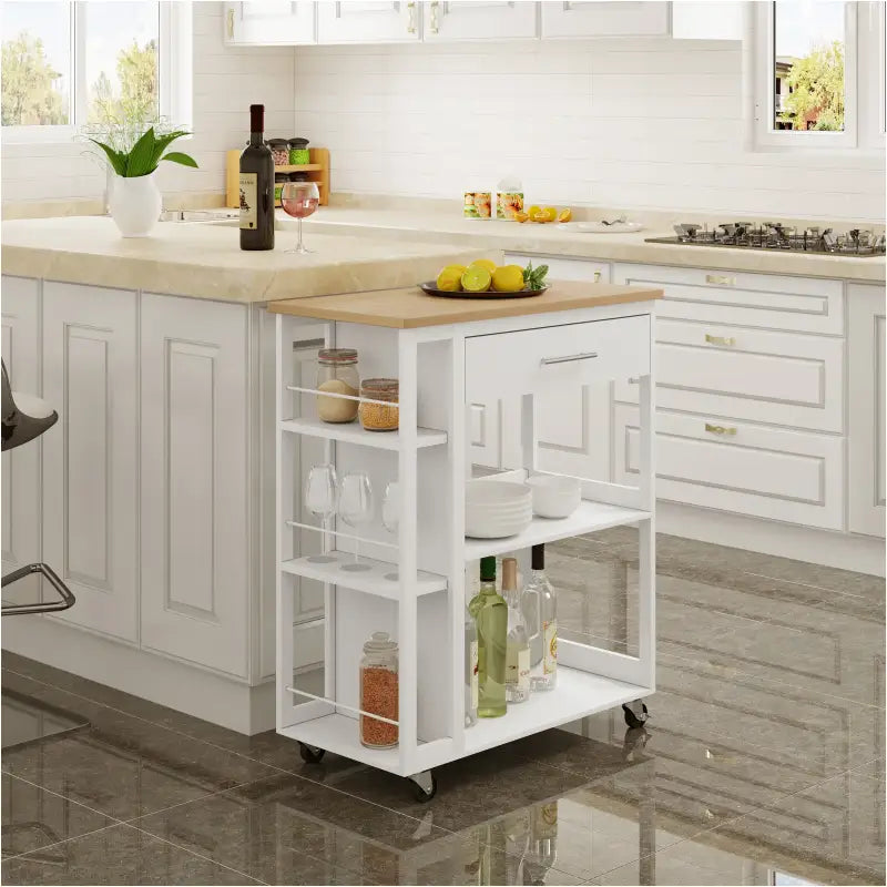 BukkitBow - Keuken Trolley Met Werkblad - Keukentrolley op Wieltjes – Met Lade en Open Planken - Mobiele Kruideniers Kast / Opbergrek