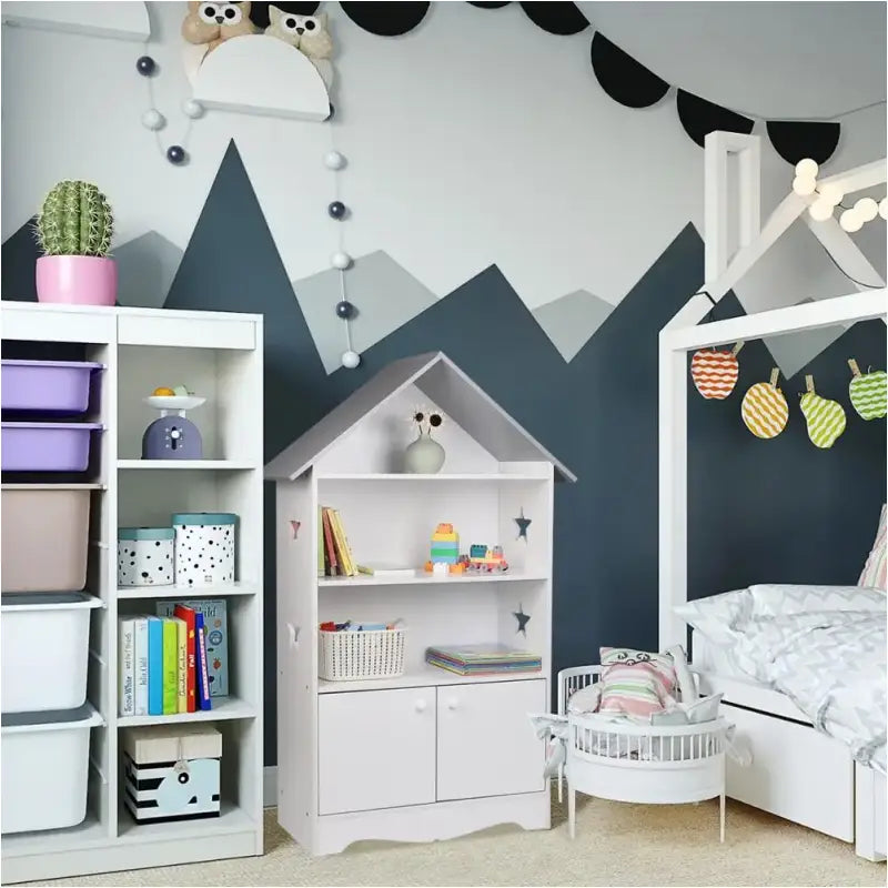 BukkitBow - Kinderboekenkast - 3 Planken en Opslagkast in Huis Vorm - Wit met Grijs - 62x115x27cm