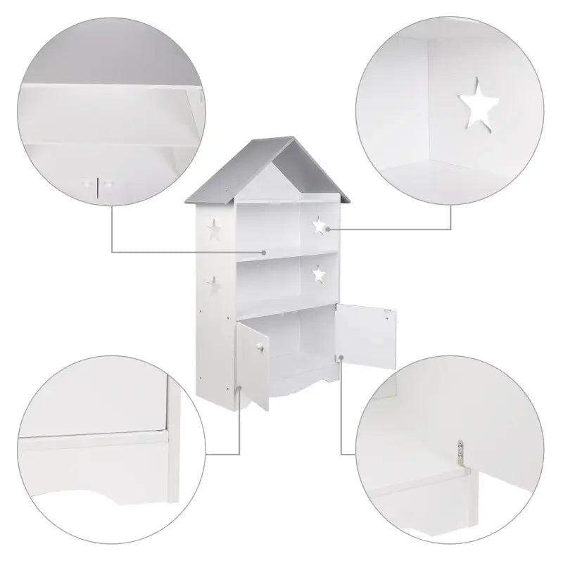 BukkitBow - Kinderboekenkast - 3 Planken en Opslagkast in Huis Vorm - Wit met Grijs - 62x115x27cm