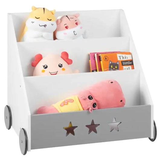 BukkitBow - Kinderboekenkast met Speelse Sterpatronen - Grijs met Wit - Trapeziumvormig - Met Wielen - 43x58x60cm