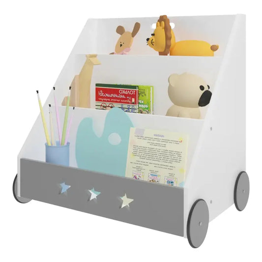 BukkitBow - Kinderboekenkast met Speelse Sterpatronen - Grijs met Wit - Trapeziumvormig - Met Wielen - 43x58x60cm