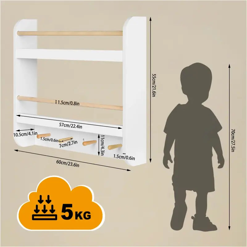 BukkitBow - Kinderboekenplank - Sterk MDF en Grenenhout - 2 Planken met 2 Stangen en 4 Haken - Wandmontage - 60x55x12cm